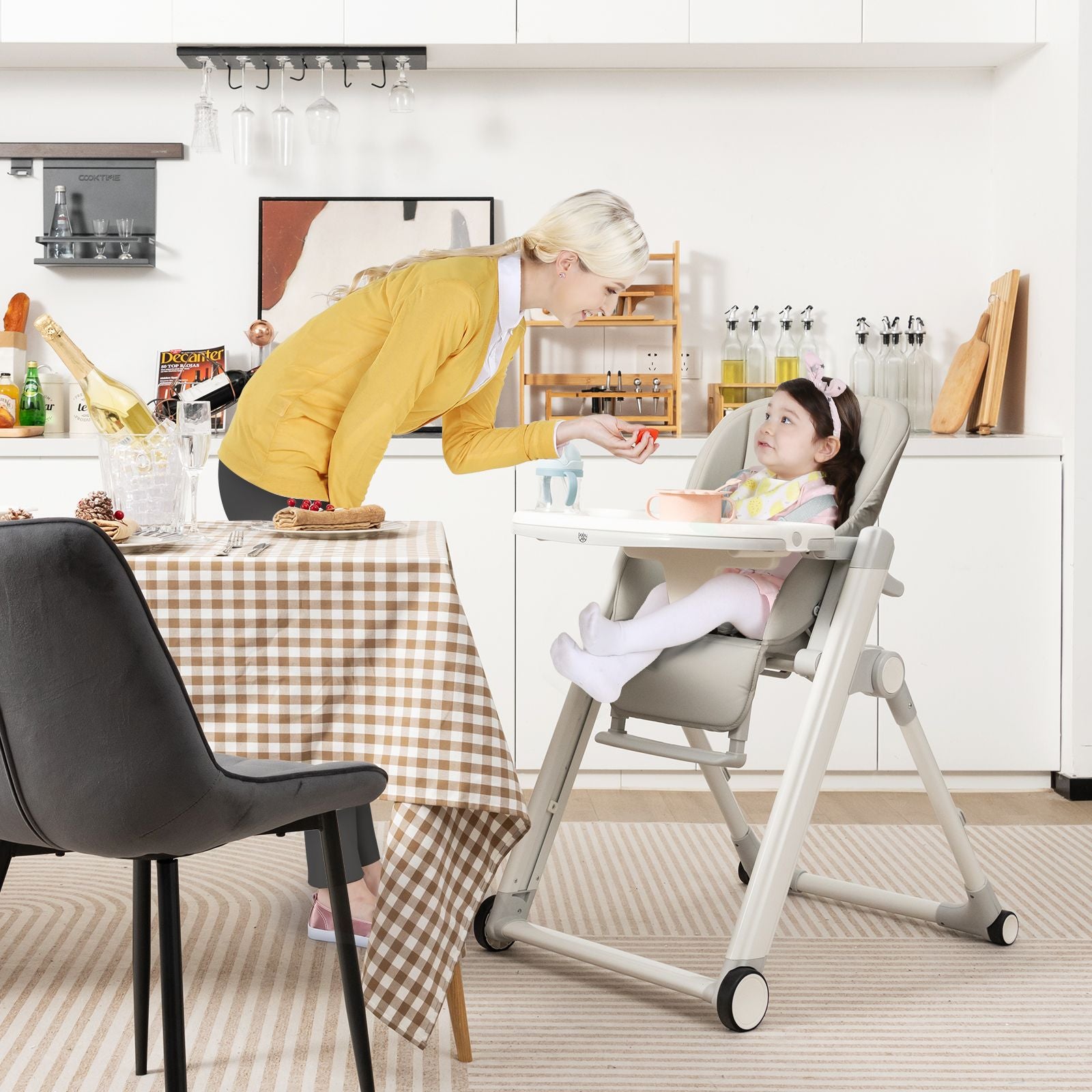 Foldable High Chair with Recline Backrest and Adjustable Height