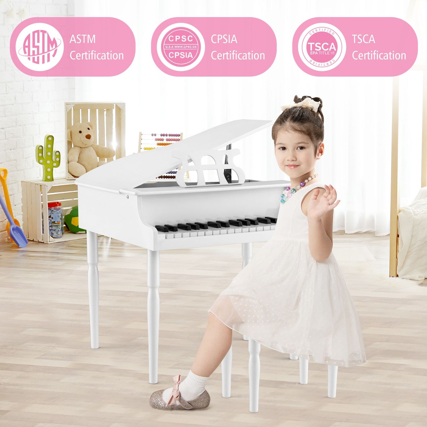 30-Key Classical Learn-To-Play Musical Instrument Toy with Music Stand and Solid Wood Legs