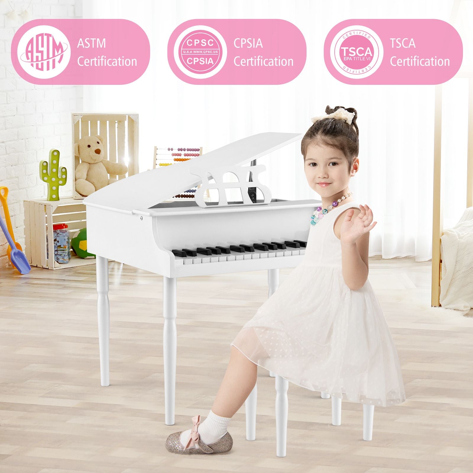 30-Key Classical Learn-To-Play Musical Instrument Toy with Music Stand and Solid Wood Legs