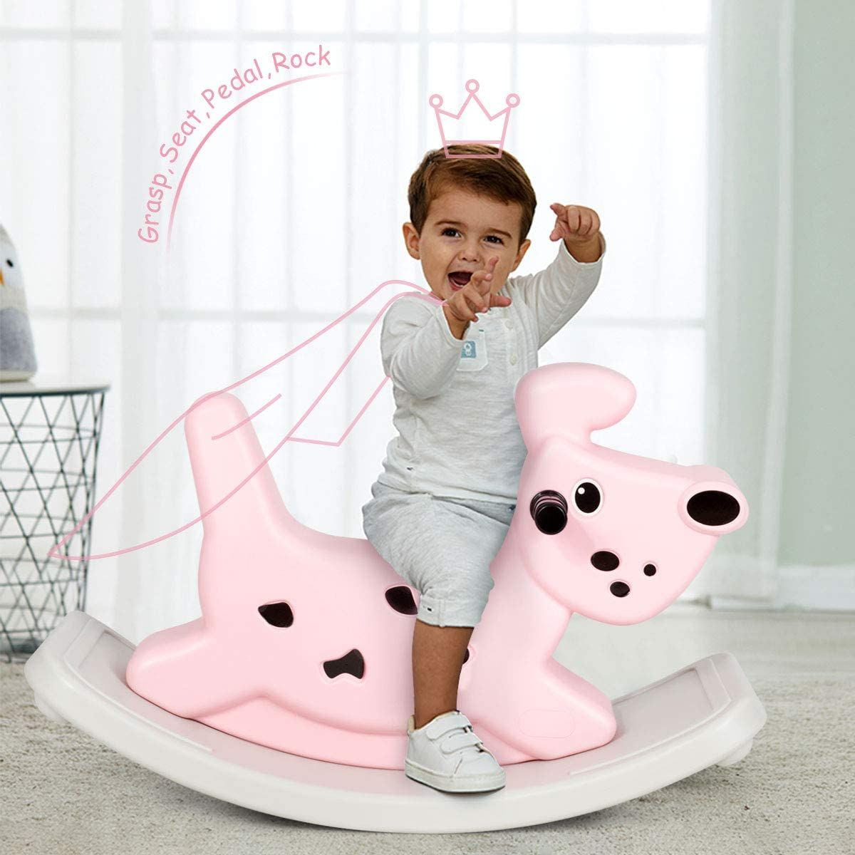 Kids Rocking Horse, Toddler Ride on Toy with Grip Handles, Music, and Lights