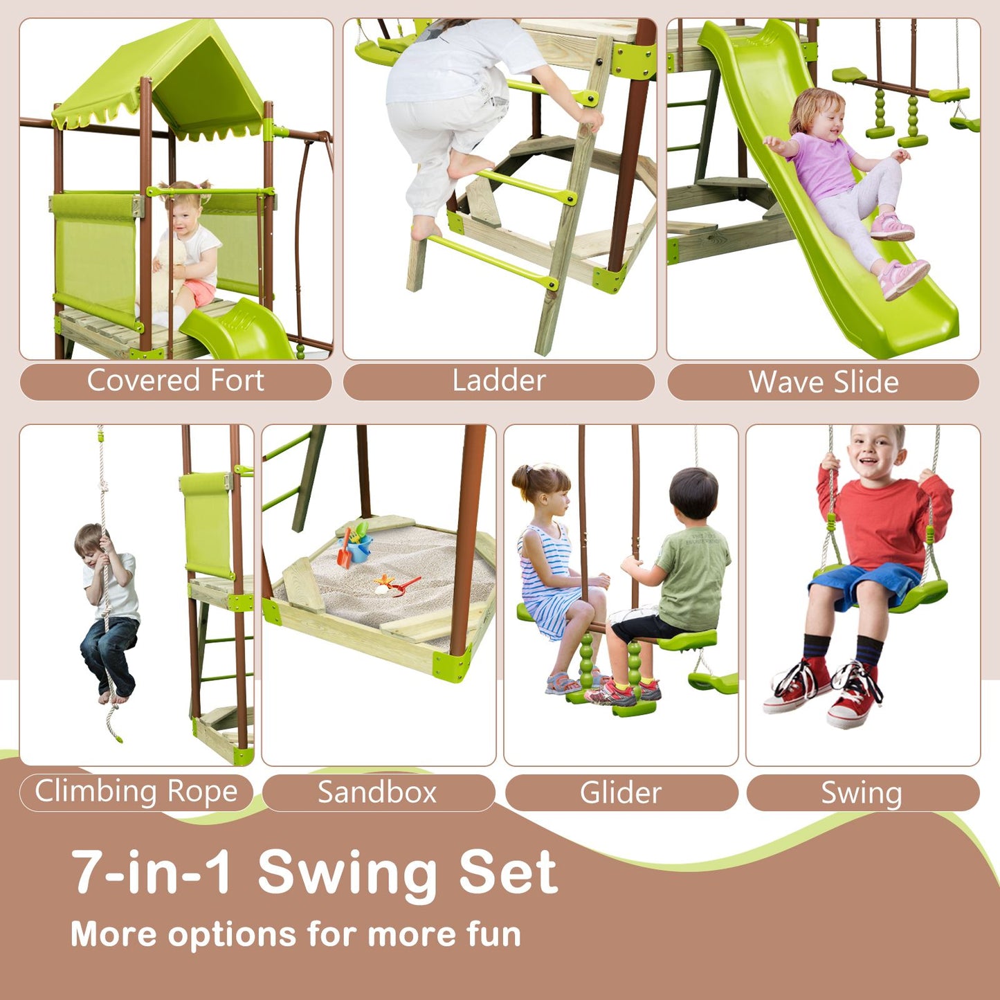 7-In-1 Swing Set Outdoor Metal Playset with Covered Fort