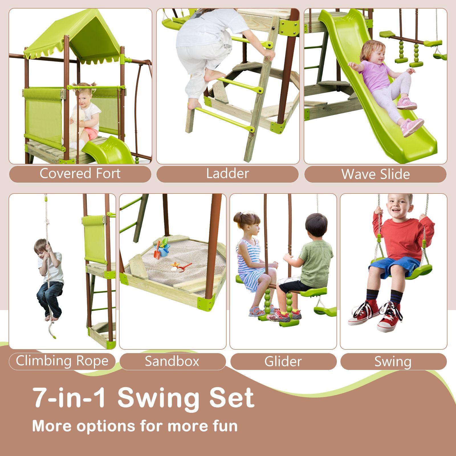 7-In-1 Swing Set Outdoor Metal Playset with Covered Fort