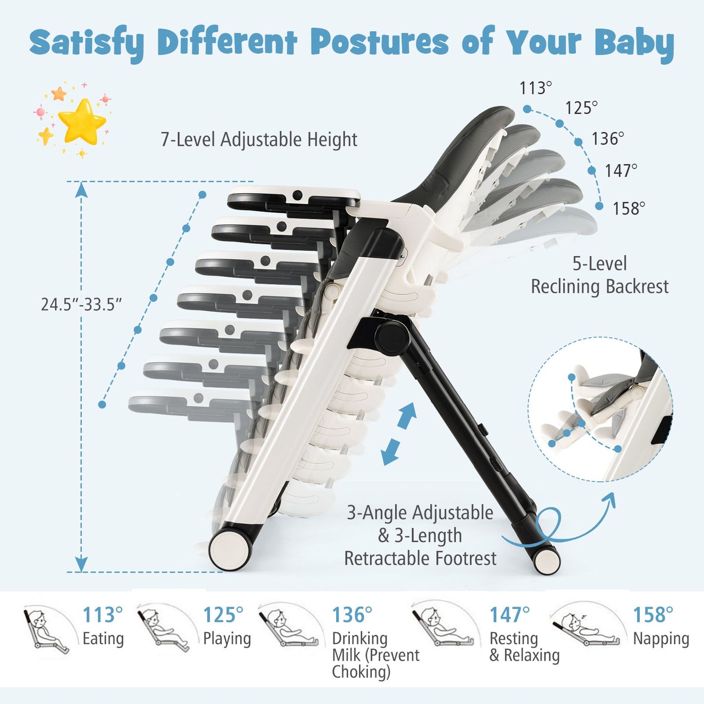 Foldable High Chair with Recline Backrest and Adjustable Height