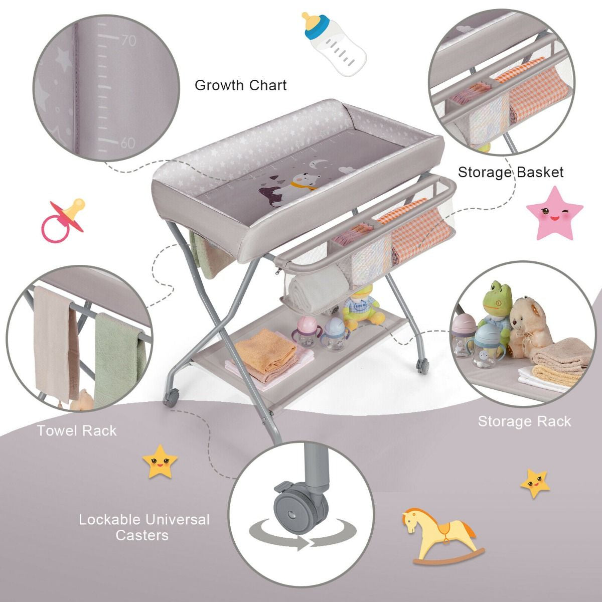 Rolling Baby Changing Table with Large Storage Basket