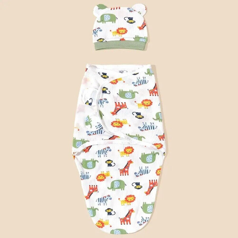 Soft Baby Swaddle Wrap Adjustable Newborn Wrap Baby Hat Set Birth Outfit