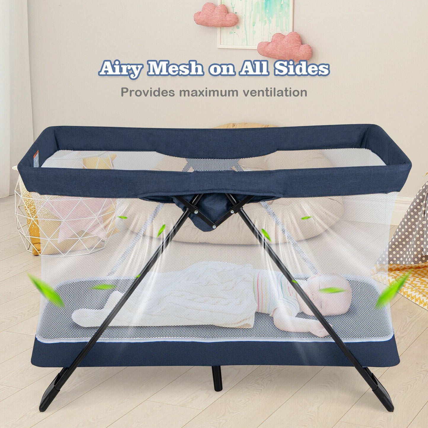 Portable Baby Travel Crib with Removable Mattress and Washable Cover