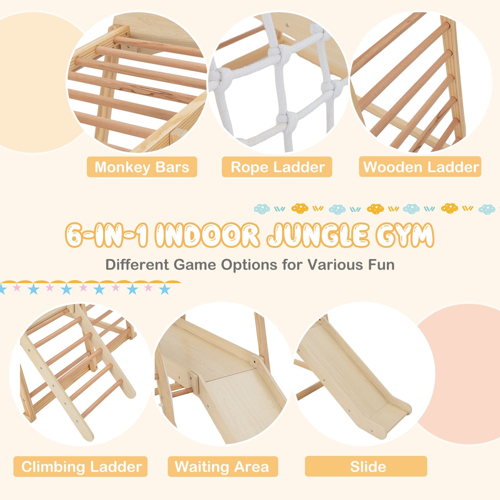 6-In-1 Indoor Jungle Gym Kids Wooden Playground Climber Playset