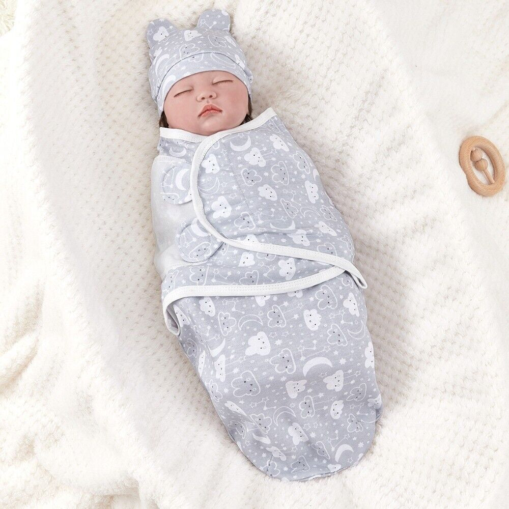 Soft Baby Swaddle Wrap Adjustable Newborn Wrap Baby Hat Set Birth Outfit