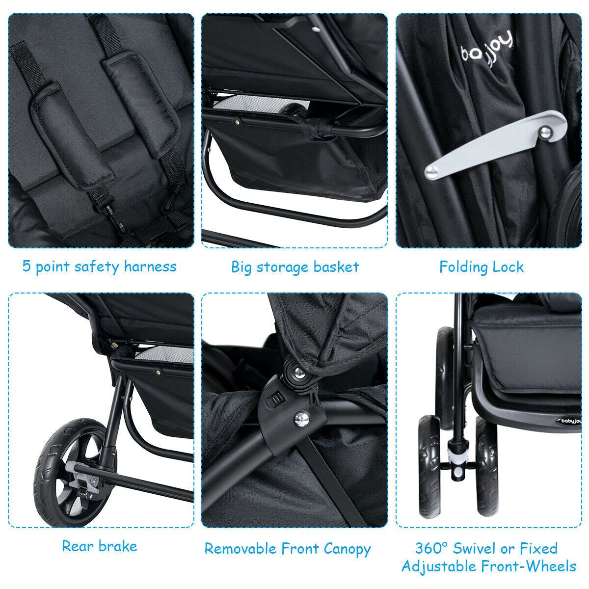 Double Pushchair with Adjustable Backrest and Sunshade