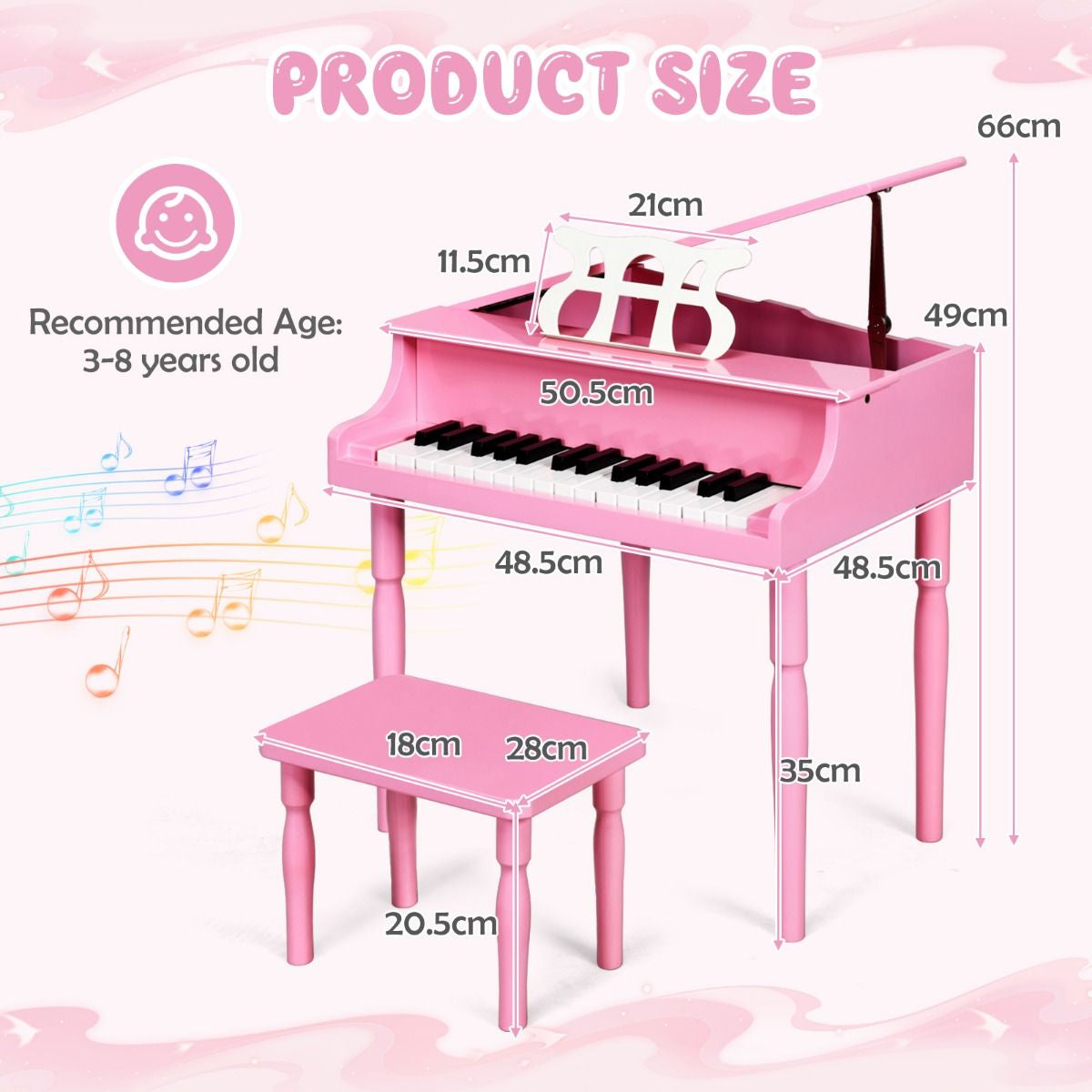 30-Key Classical Learn-To-Play Musical Instrument Toy with Music Stand and Solid Wood Legs