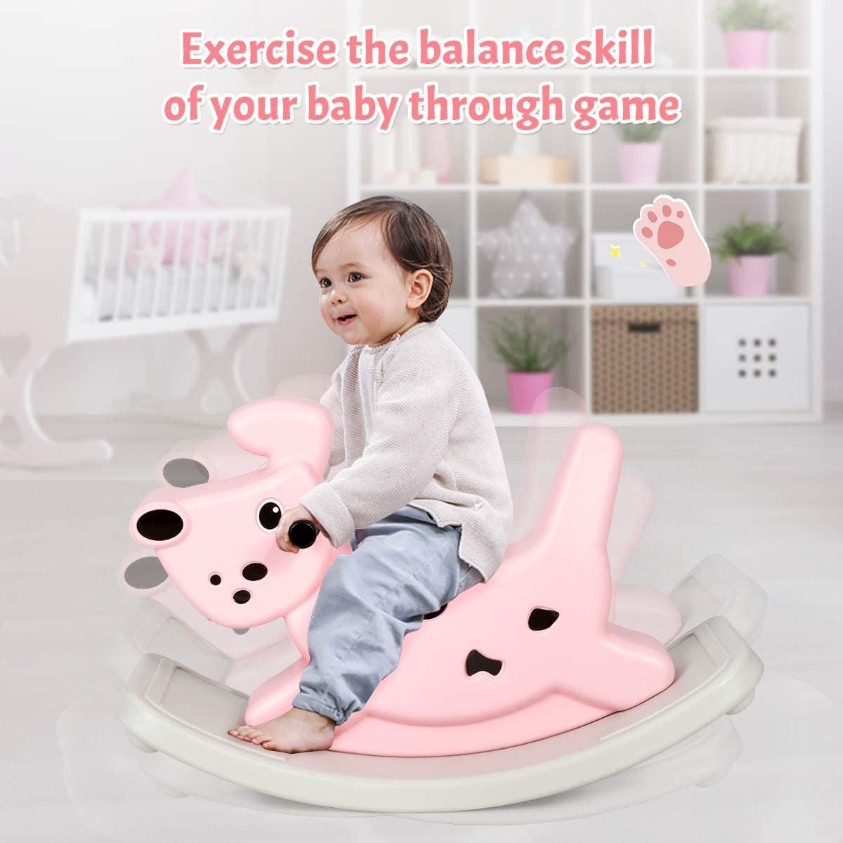 Kids Rocking Horse, Toddler Ride on Toy with Grip Handles, Music, and Lights