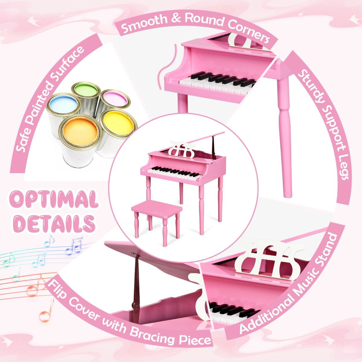 30-Key Classical Learn-To-Play Musical Instrument Toy with Music Stand and Solid Wood Legs