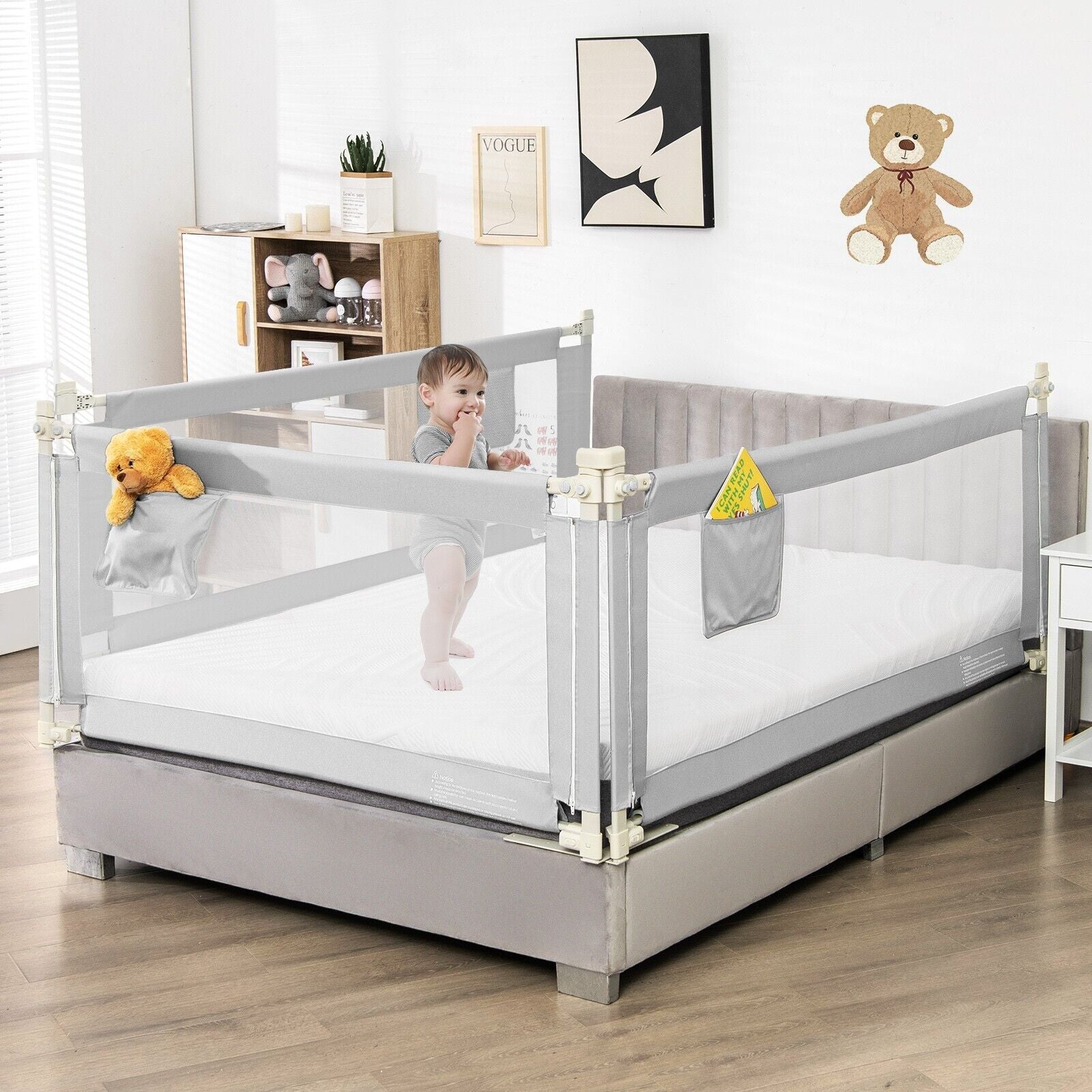 175 Cm Infant Safety Bed Guardrail with Anti-Collision Cotton and Side Pocket
