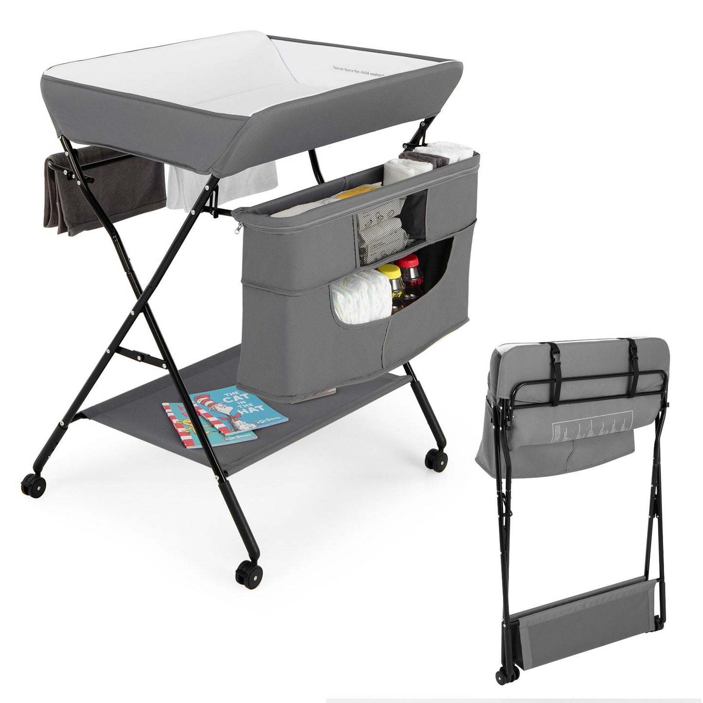 Folding Changing Table with 4-Level Adjustable Height and Wheels