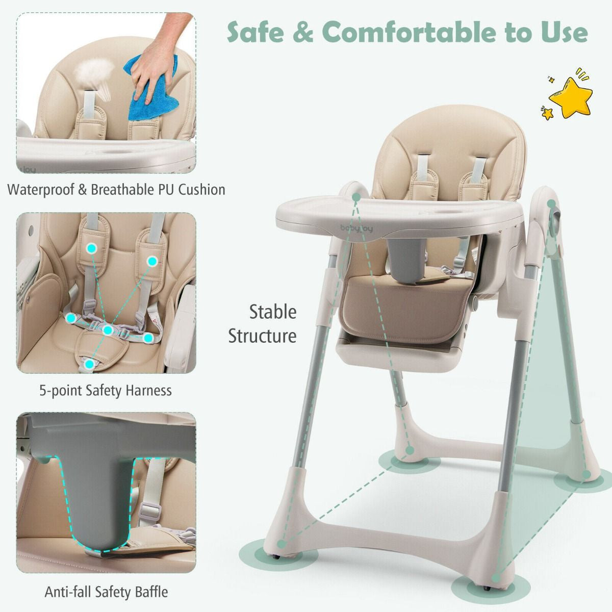 Foldable Convertible Baby High Chair with Adjustable Height and Removable Tray