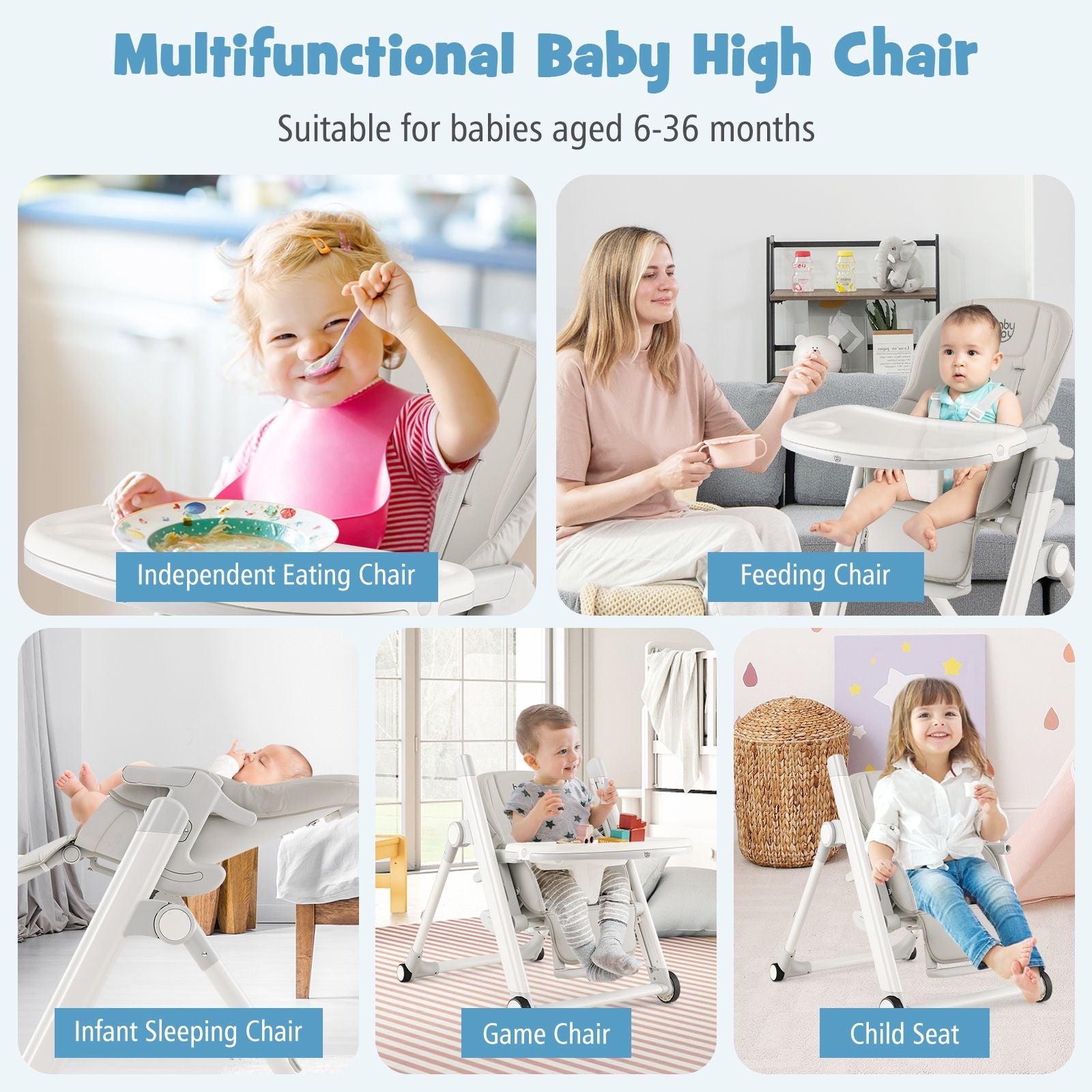 Foldable High Chair with Recline Backrest and Adjustable Height