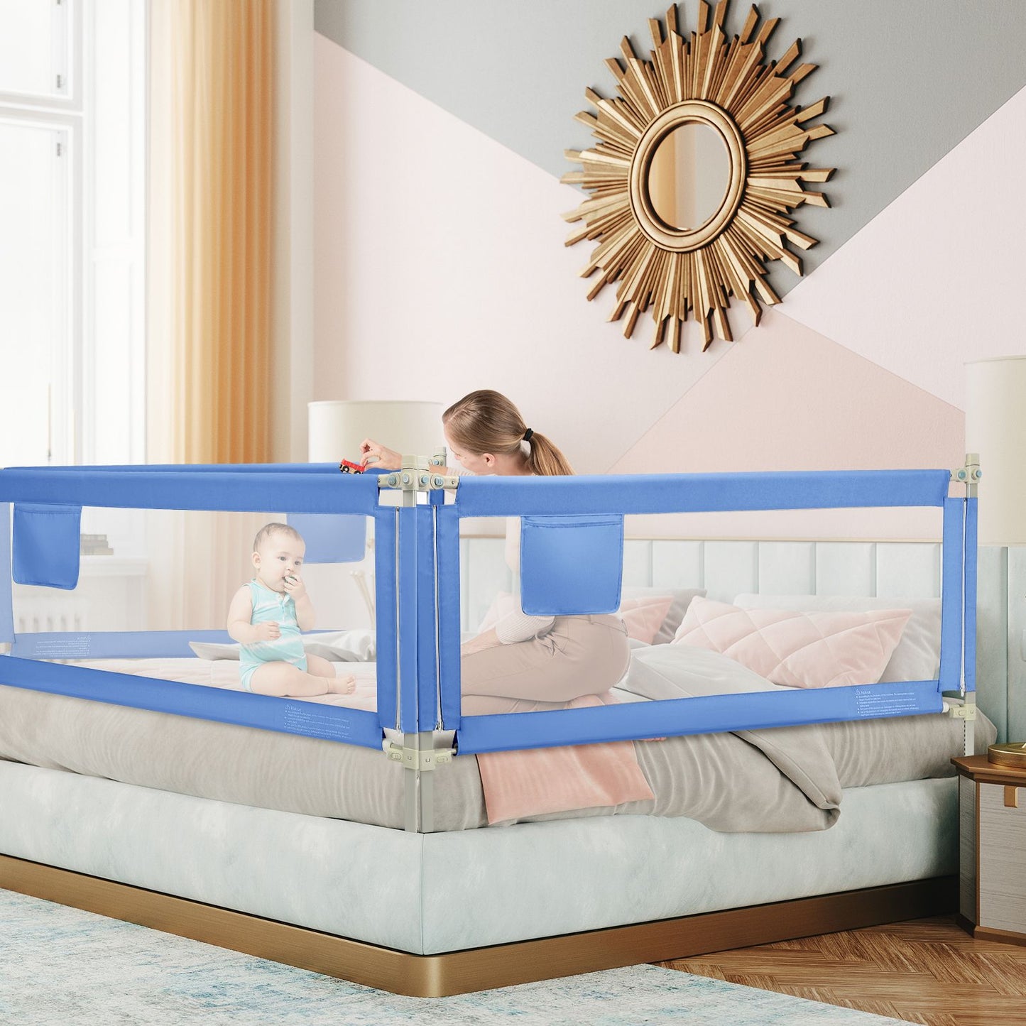 175 Cm Infant Safety Bed Guardrail with Anti-Collision Cotton and Side Pocket