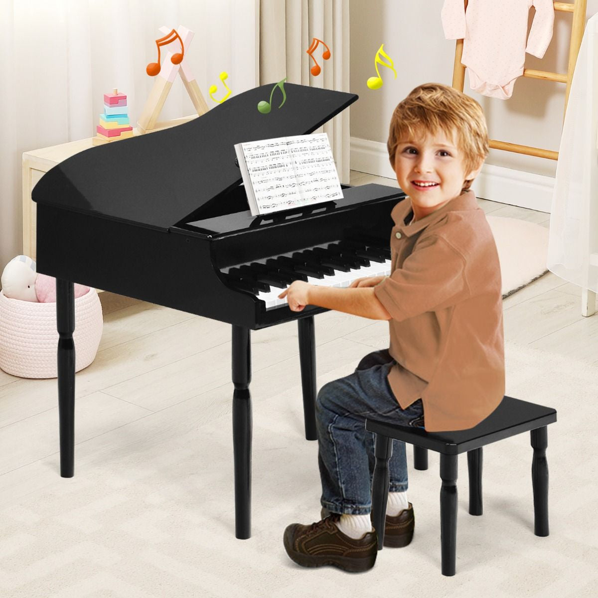30-Key Classical Learn-To-Play Musical Instrument Toy with Music Stand and Solid Wood Legs