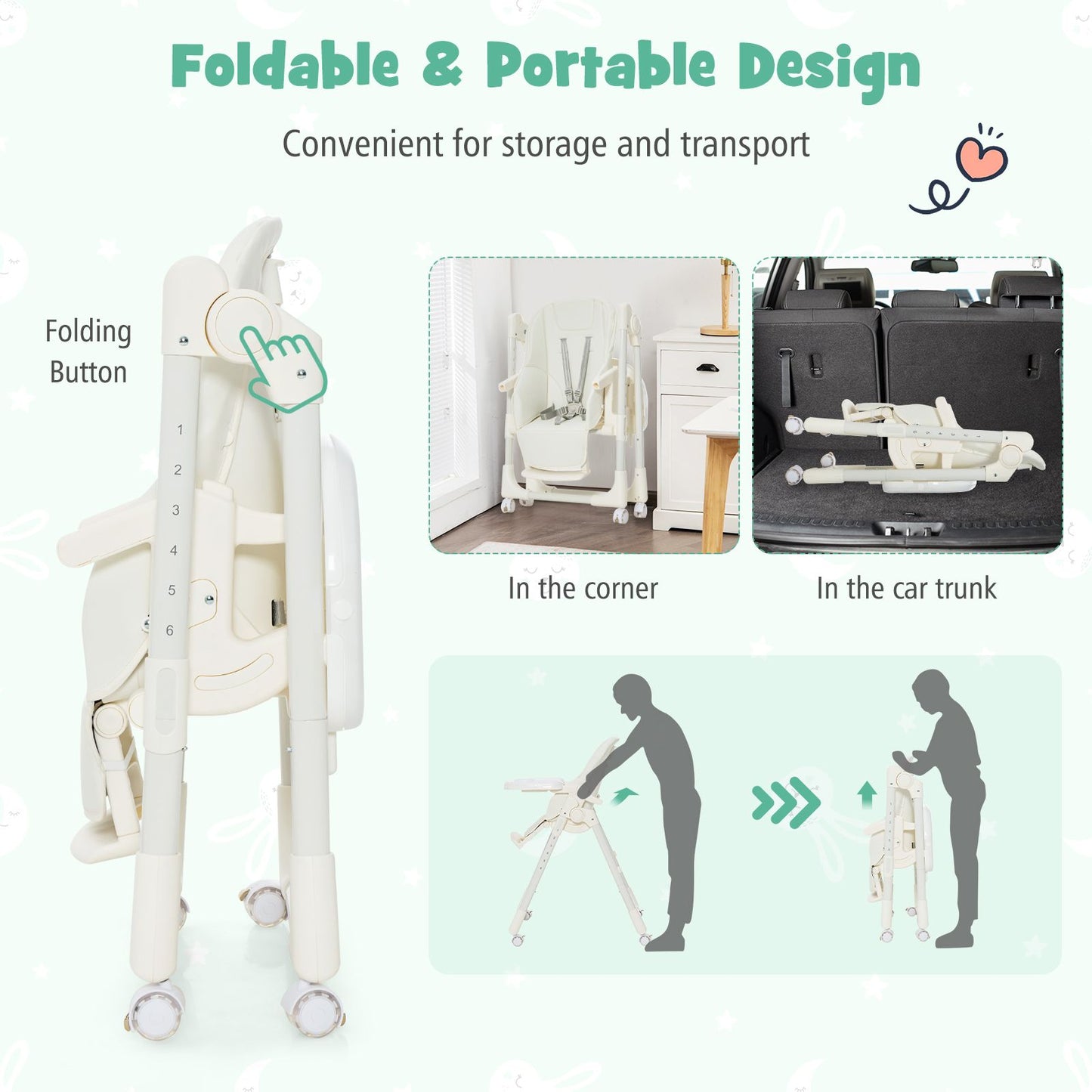 Folding Adjustable High Chair with 5 Recline Positions for Babies Toddlers