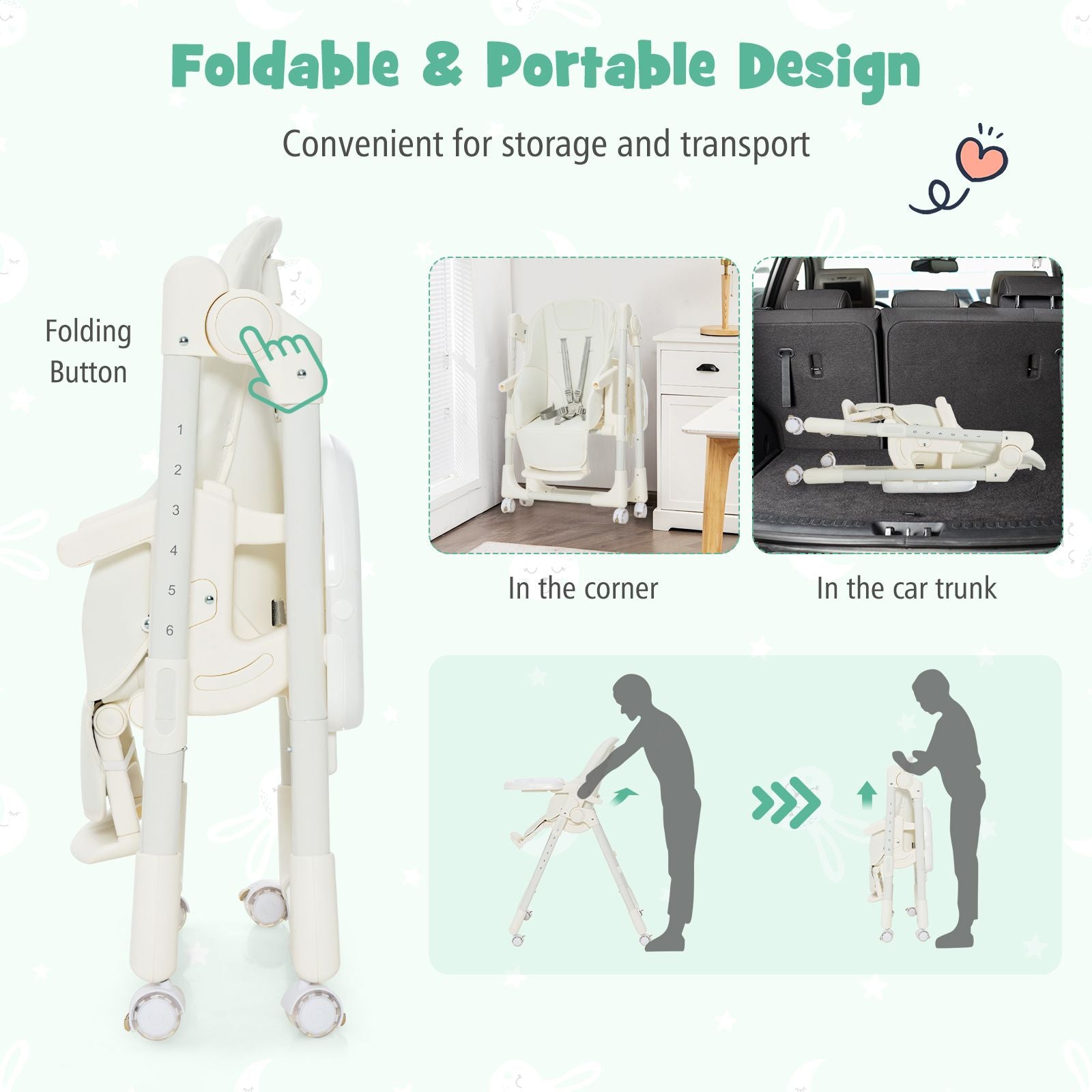 Folding Adjustable High Chair with 5 Recline Positions for Babies Toddlers