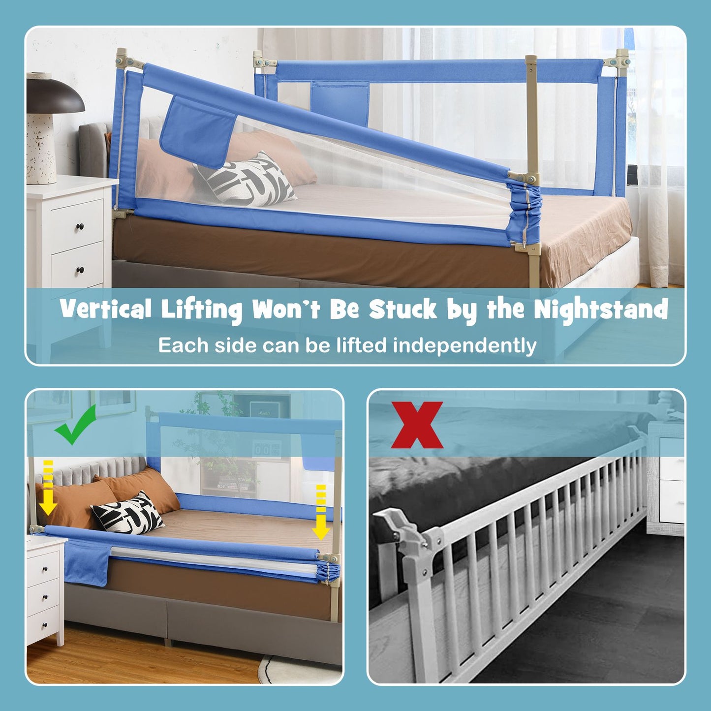 175 Cm Infant Safety Bed Guardrail with Anti-Collision Cotton and Side Pocket