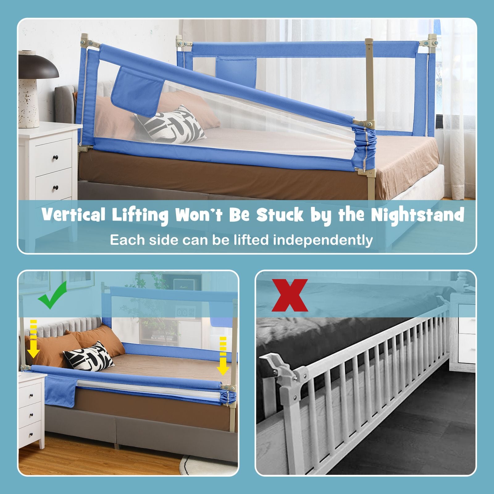 175 Cm Infant Safety Bed Guardrail with Anti-Collision Cotton and Side Pocket