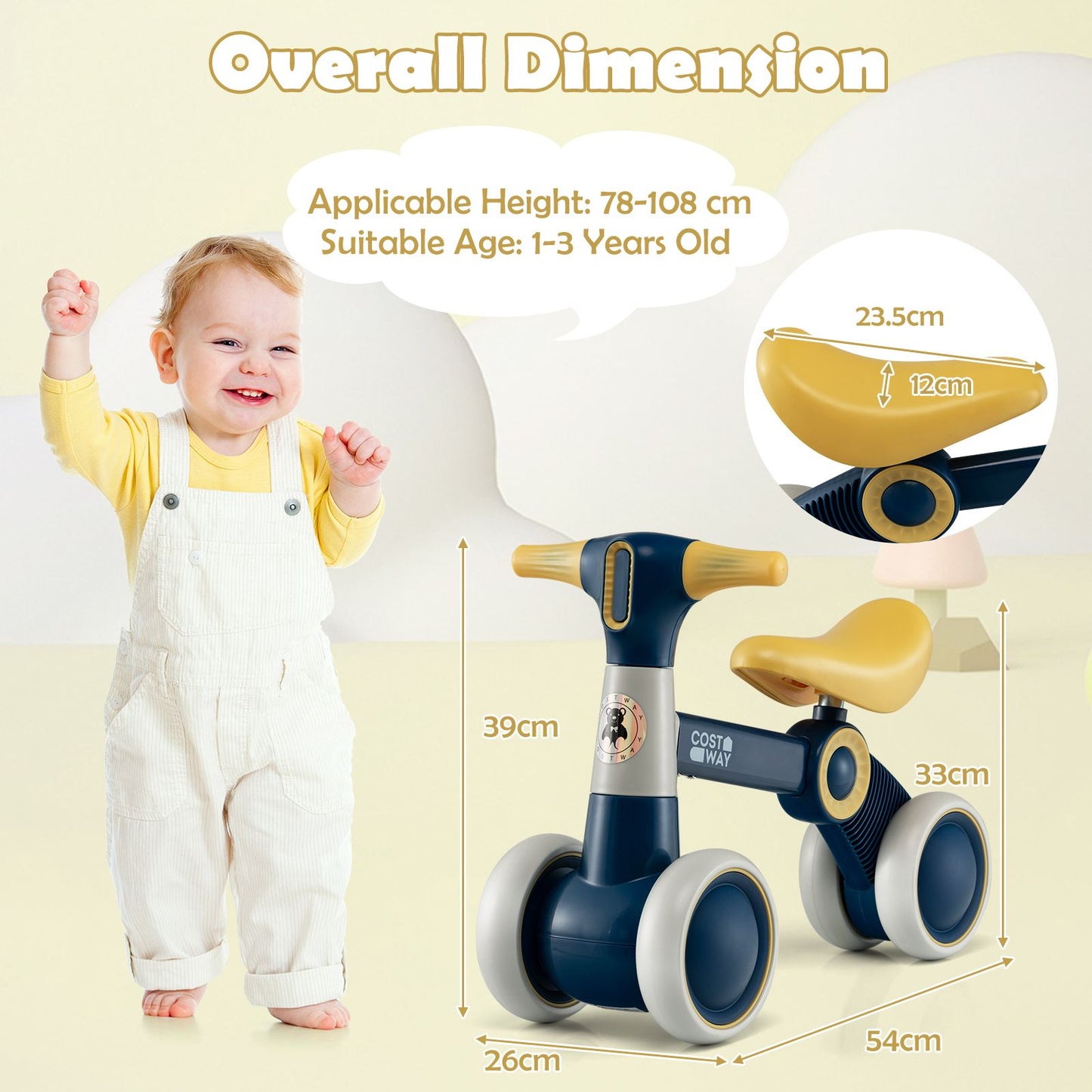 Cute Baby Balance Bike 4 Wheels with Steering Handlebars No Pedal