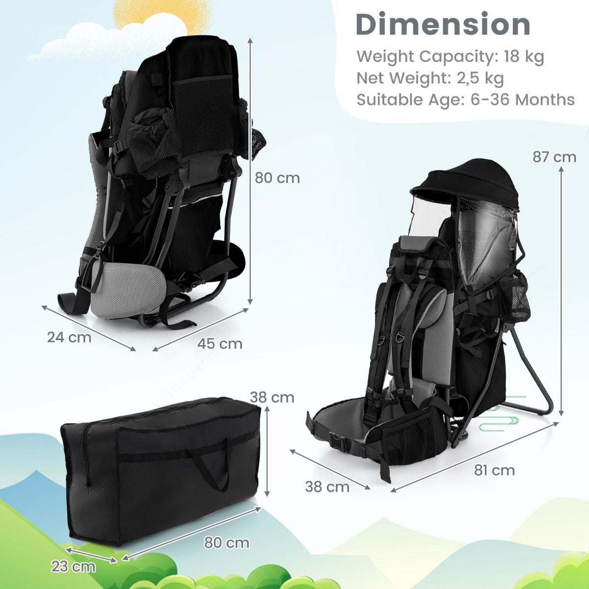 Child Carrier Backpack with Detachable Mouthwipes Removable Canopy and Storage Bag
