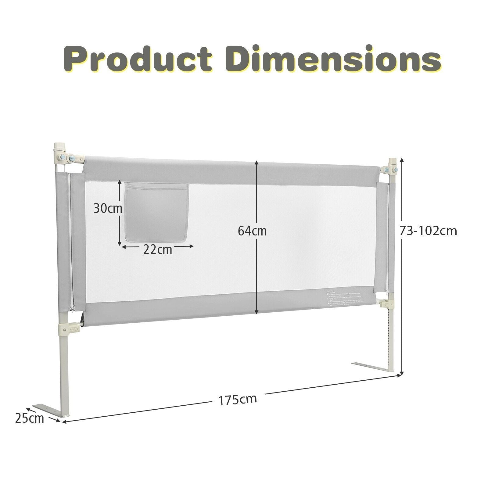 175 Cm Infant Safety Bed Guardrail with Anti-Collision Cotton and Side Pocket