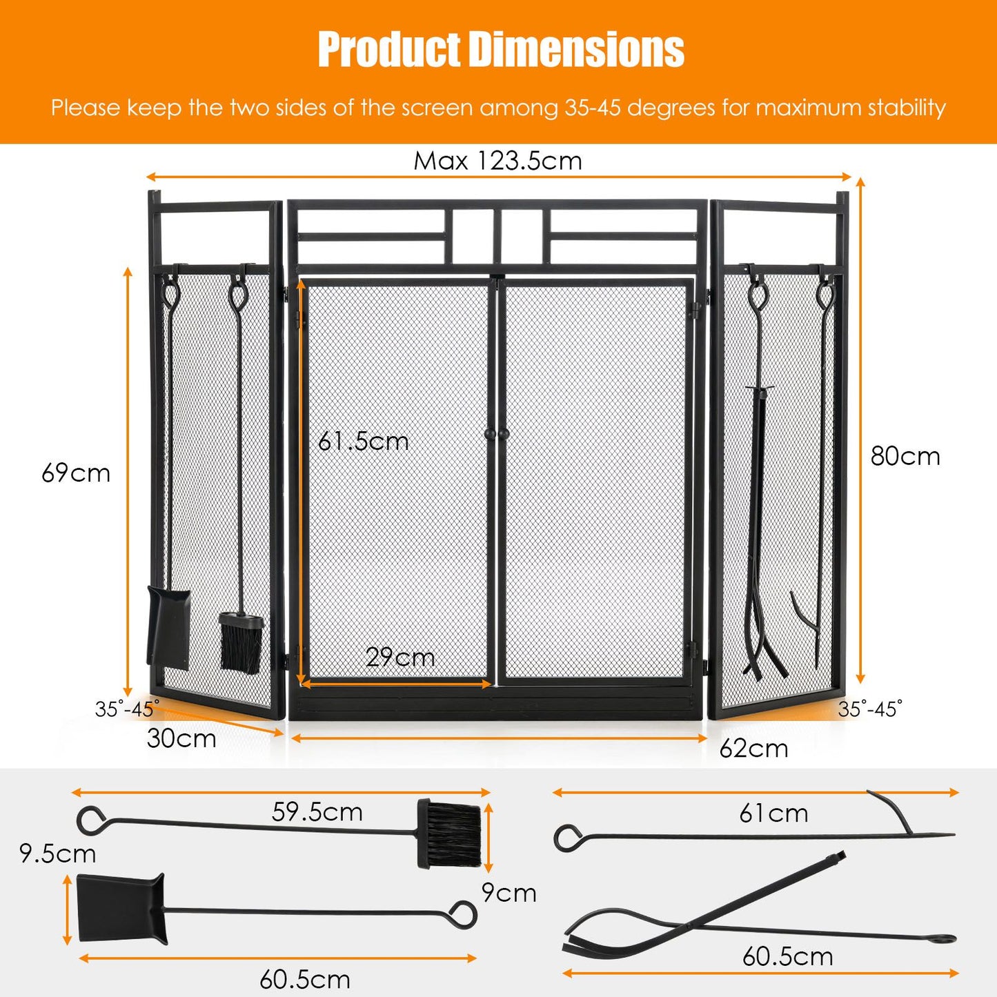 3-Panel Folding Fireplace Screen with Fireplace Tools Set