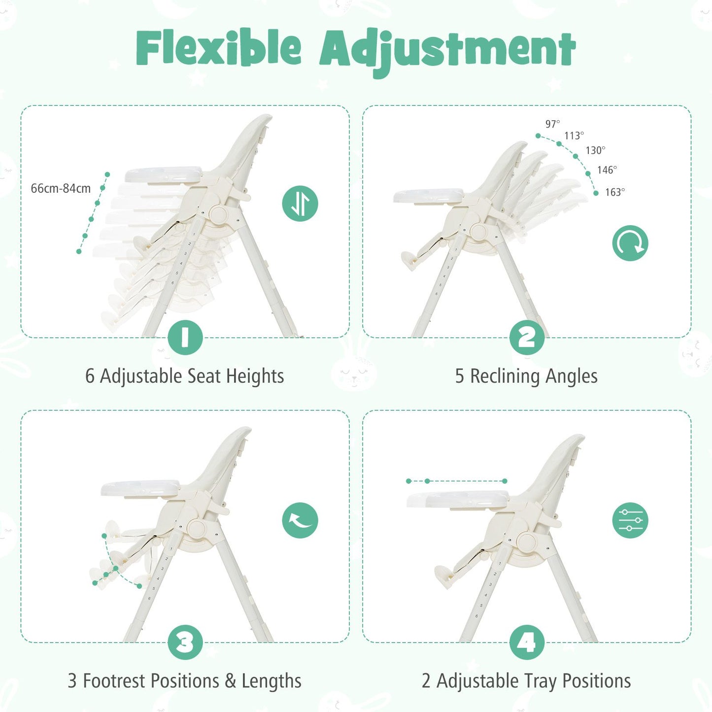 Folding Adjustable High Chair with 5 Recline Positions for Babies Toddlers