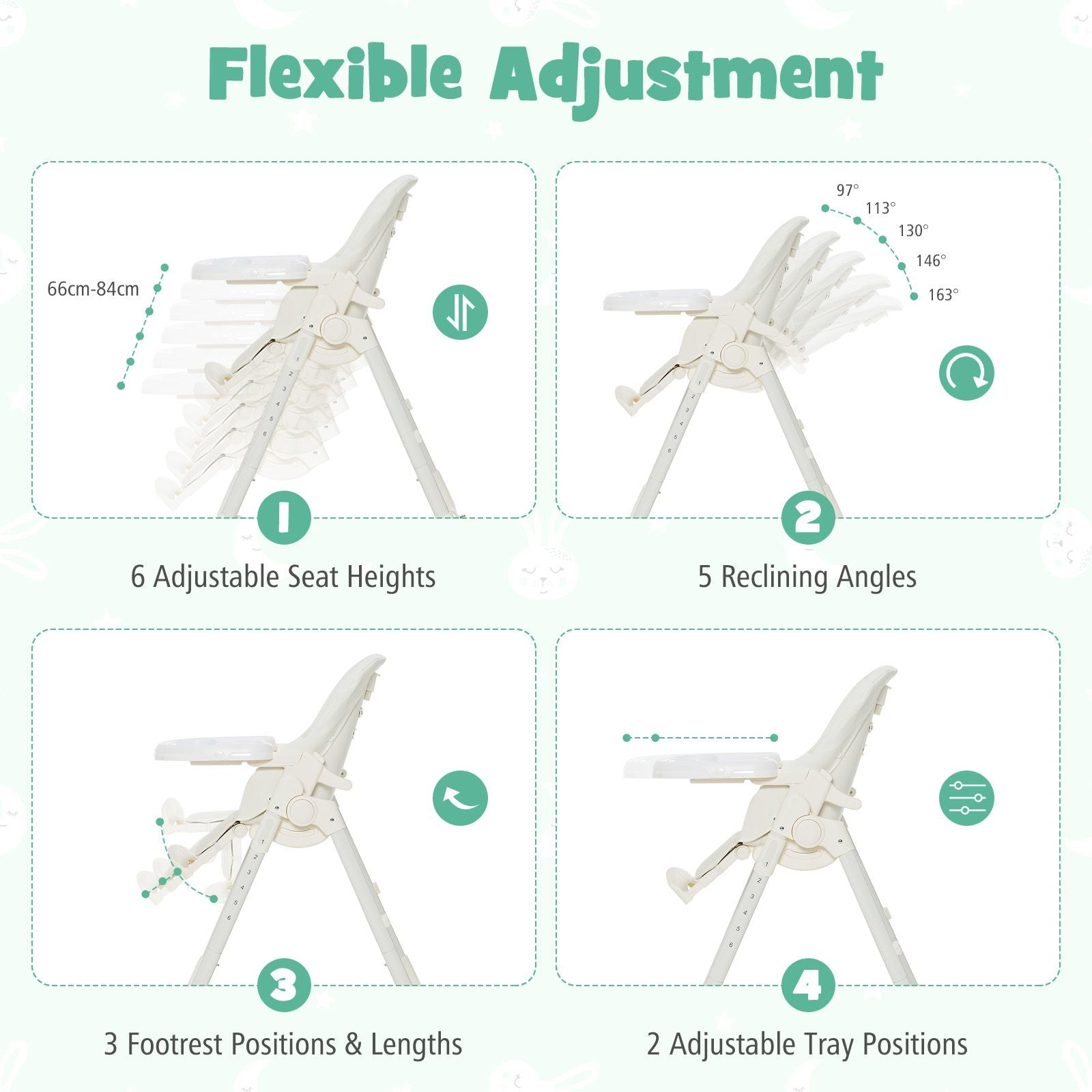 Folding Adjustable High Chair with 5 Recline Positions for Babies Toddlers