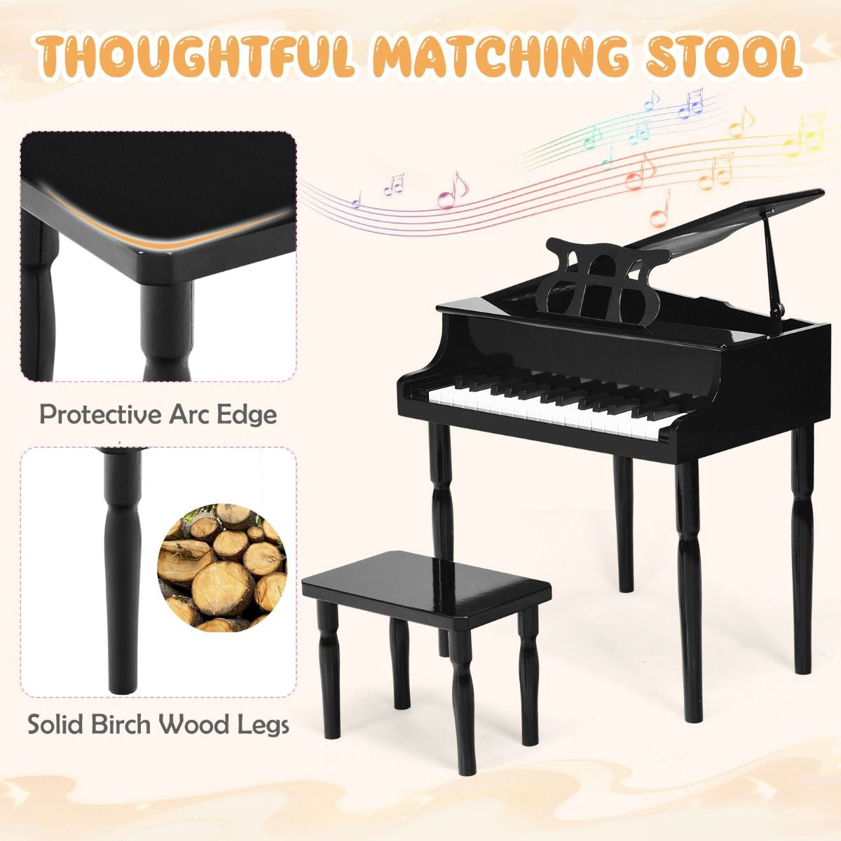 30-Key Classical Learn-To-Play Musical Instrument Toy with Music Stand and Solid Wood Legs