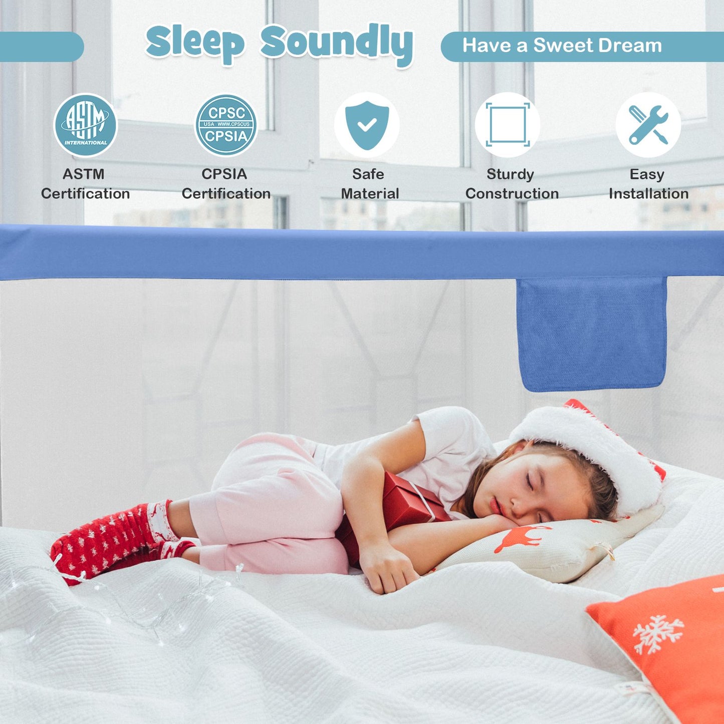 175 Cm Infant Safety Bed Guardrail with Anti-Collision Cotton and Side Pocket