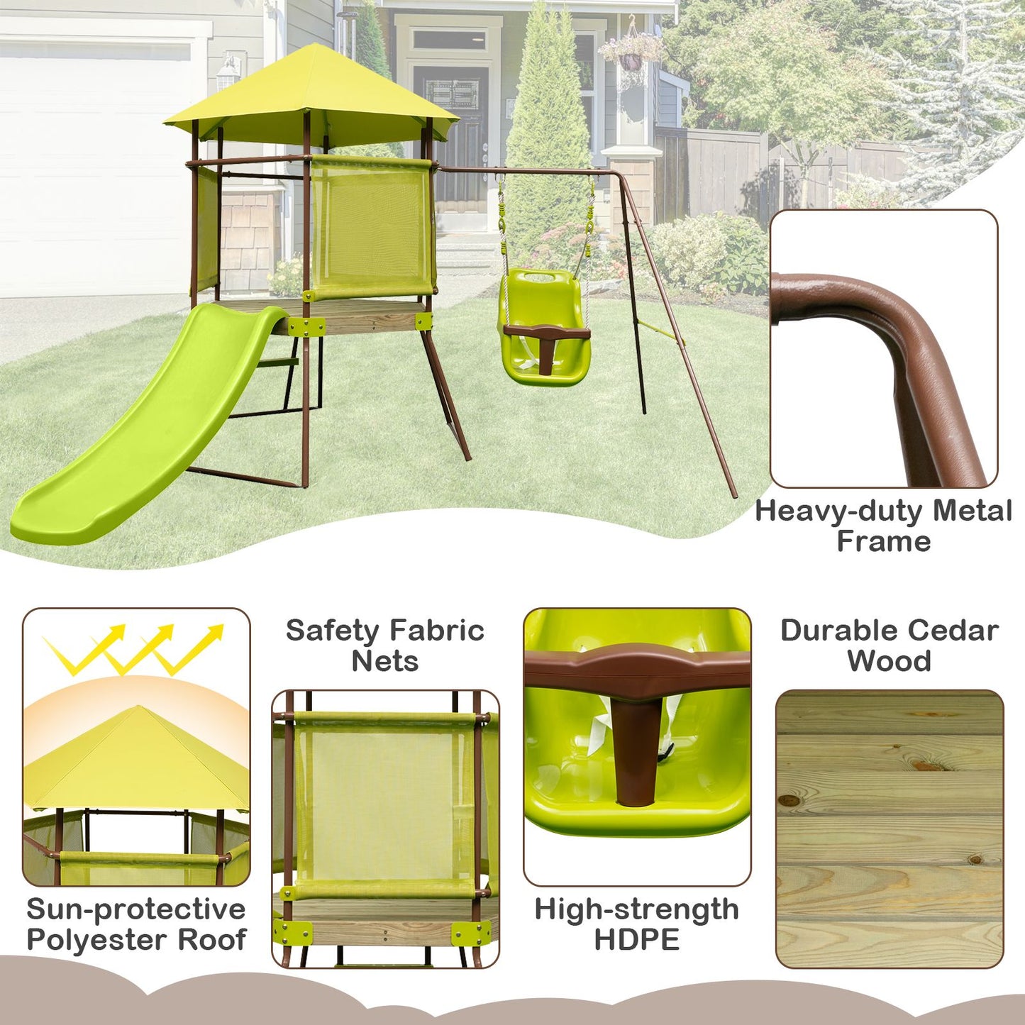 4-In-1 Swing Set with Height Adjustable Baby Seat, Metal Stand and Ground Stakes