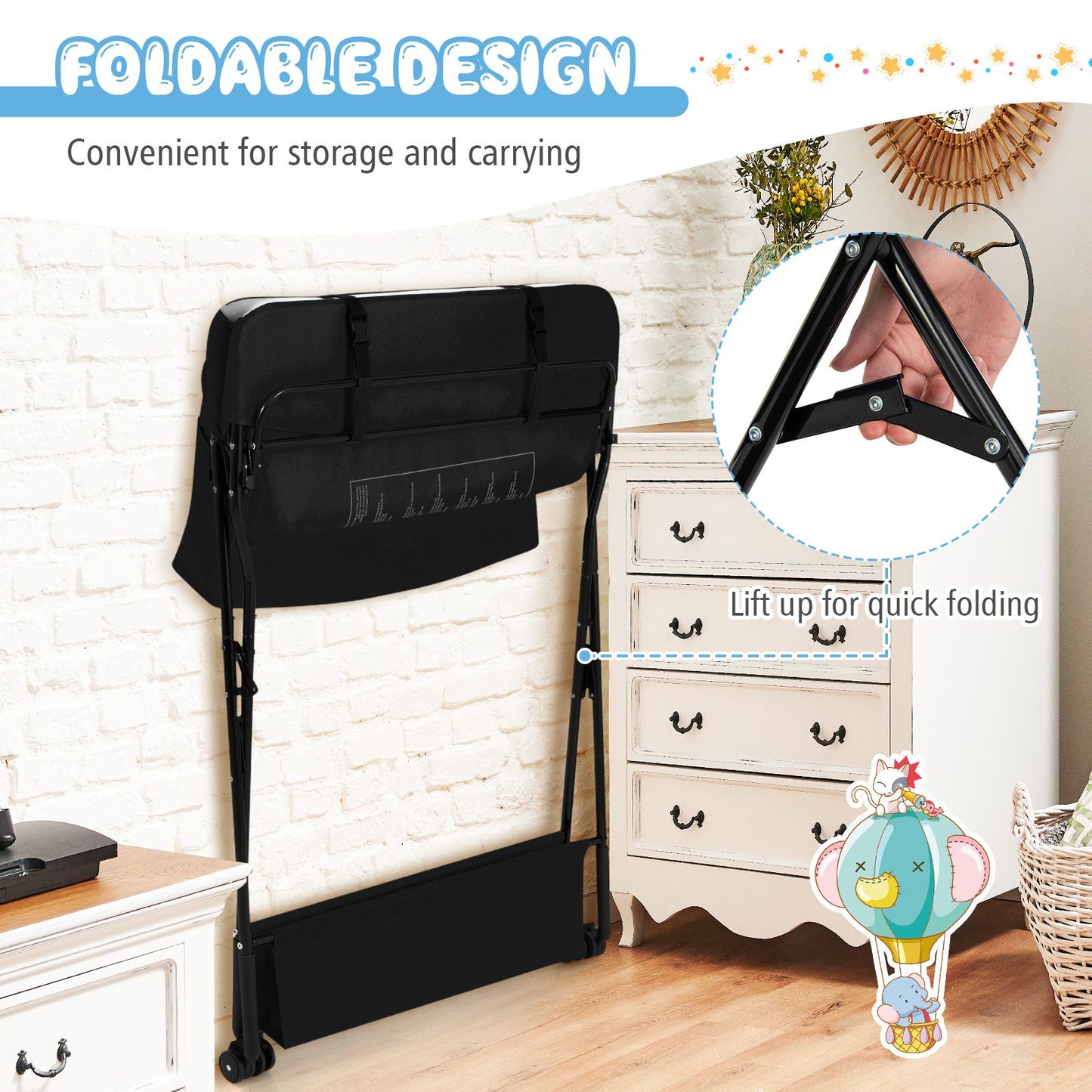 Folding Changing Table with 4-Level Adjustable Height and Wheels
