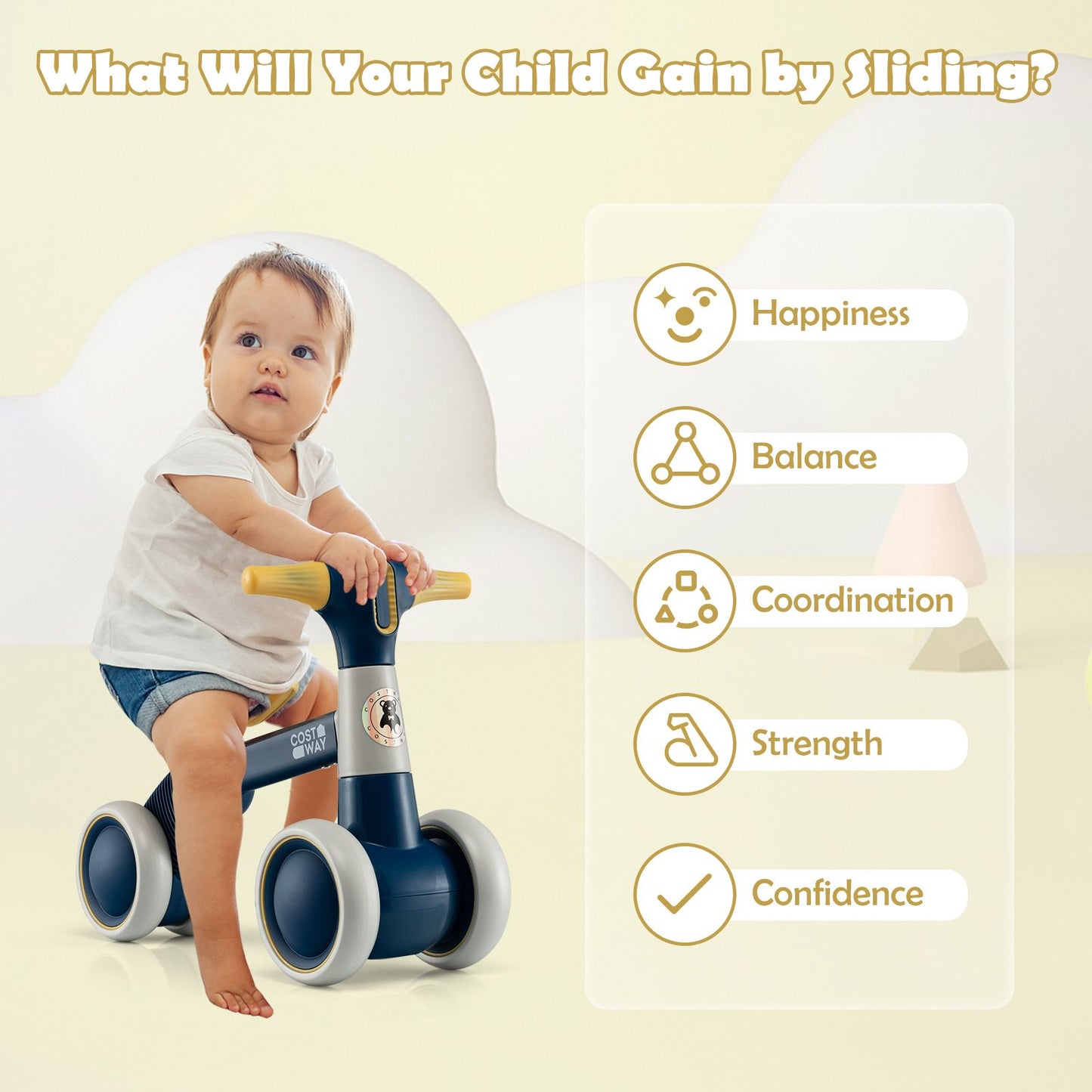Cute Baby Balance Bike 4 Wheels with Steering Handlebars No Pedal