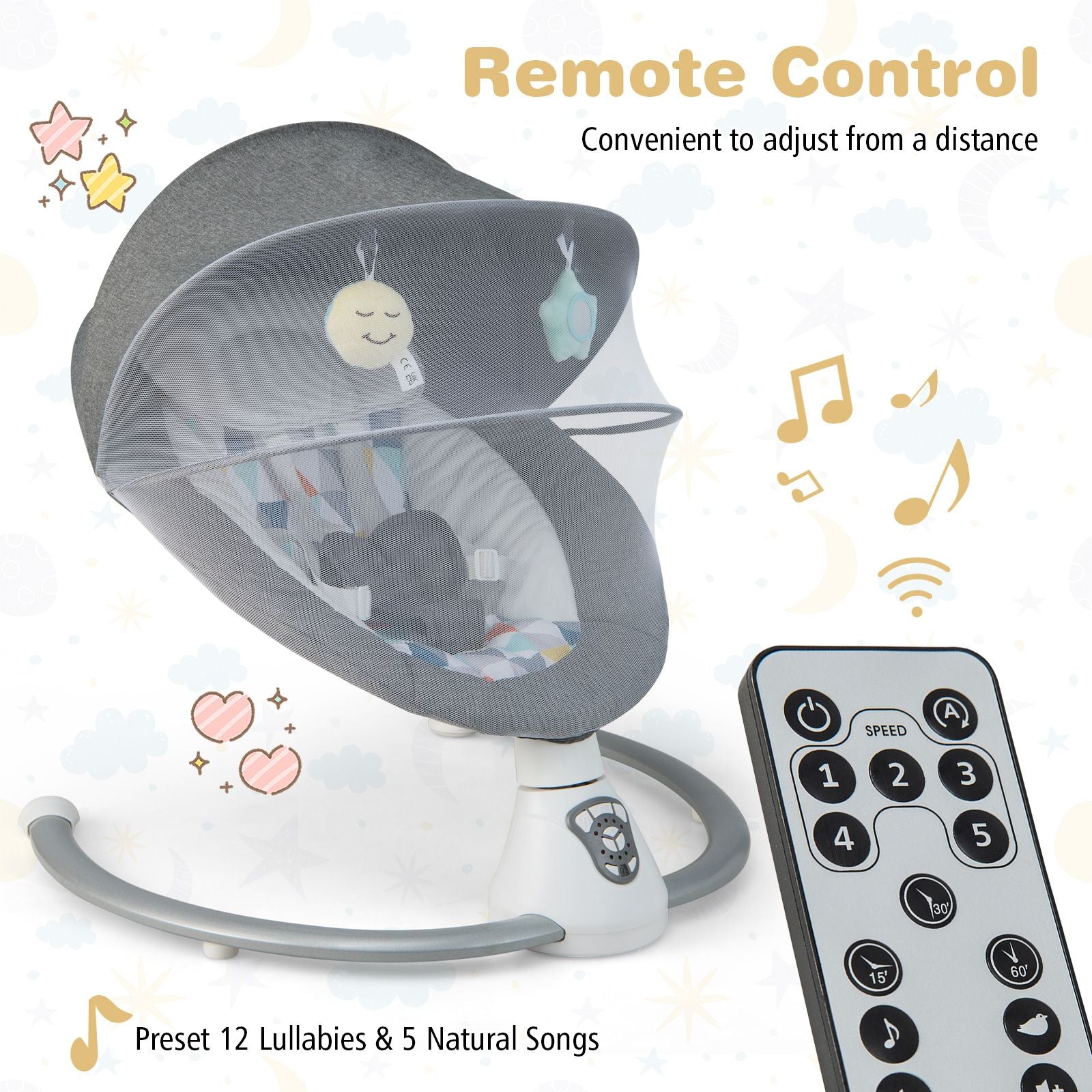 Baby Bouncer with 5 Swing Speeds and Built-In 17 Music for Newborn