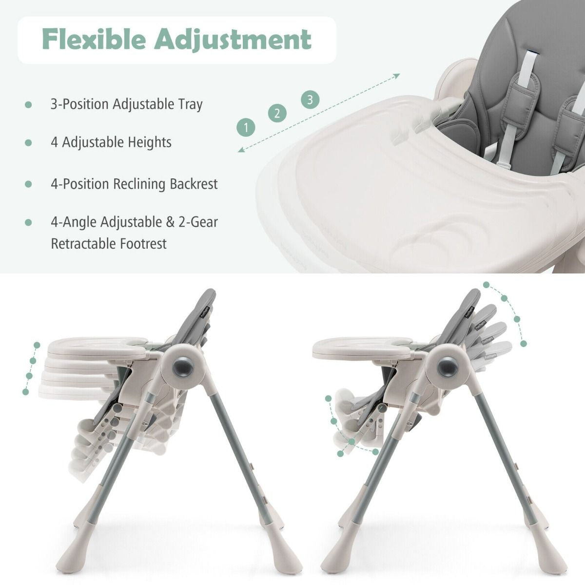 Foldable Convertible Baby High Chair with Adjustable Height and Removable Tray