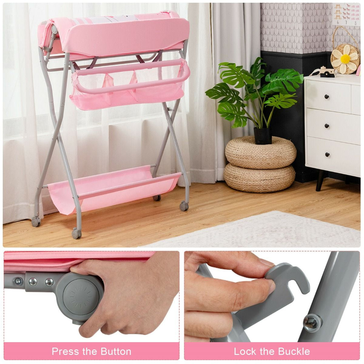 Rolling Baby Changing Table with Large Storage Basket
