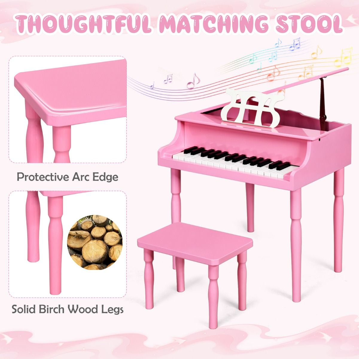 30-Key Classical Learn-To-Play Musical Instrument Toy with Music Stand and Solid Wood Legs