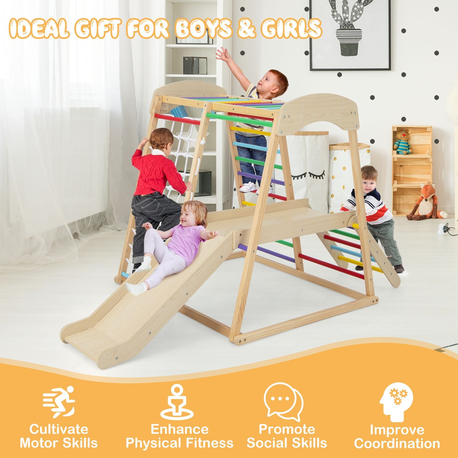 6-In-1 Indoor Jungle Gym Kids Wooden Playground Climber Playset