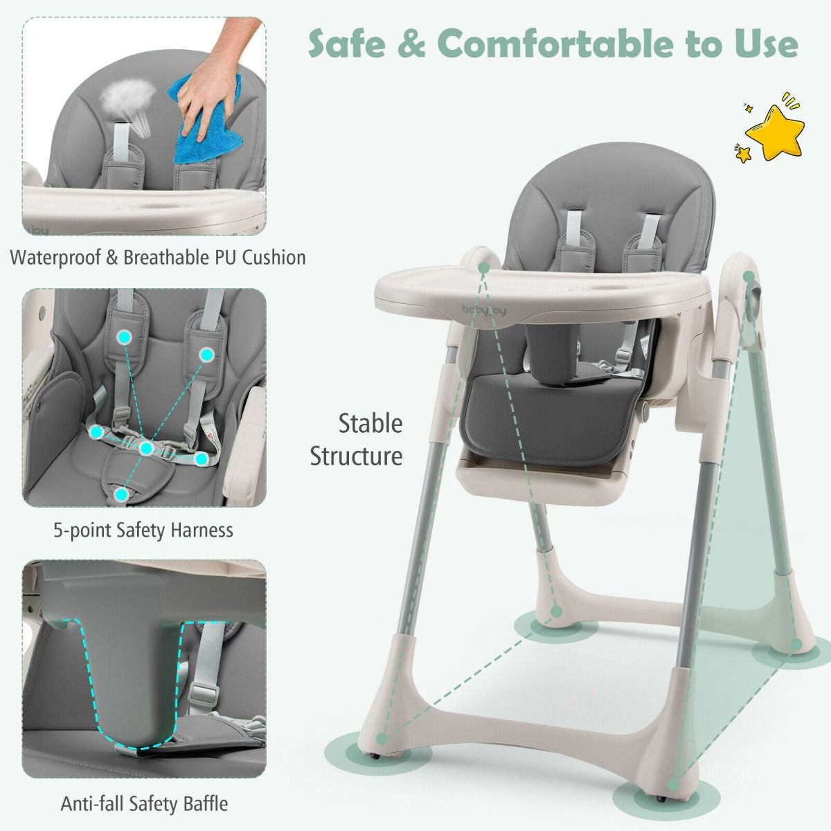 Foldable Convertible Baby High Chair with Adjustable Height and Removable Tray