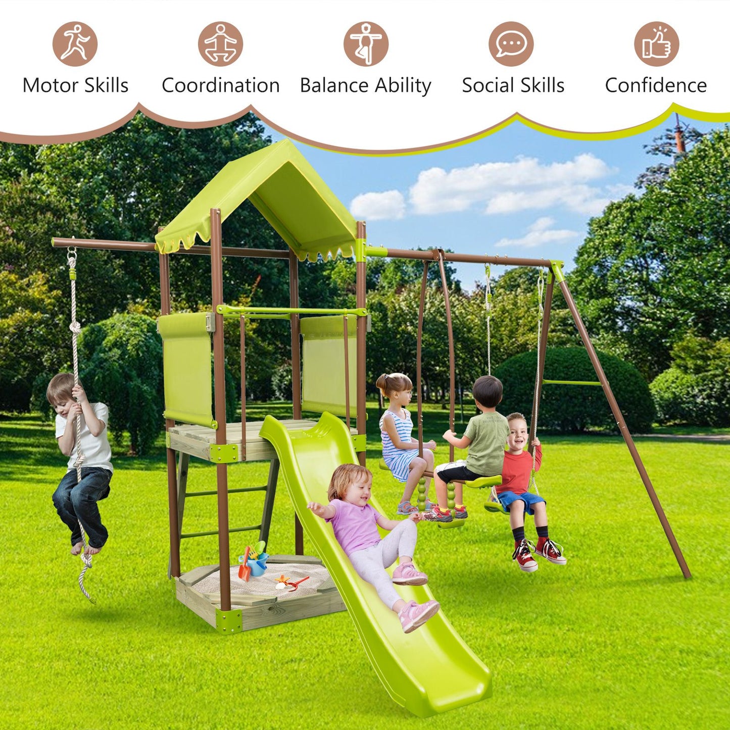7-In-1 Swing Set Outdoor Metal Playset with Covered Fort