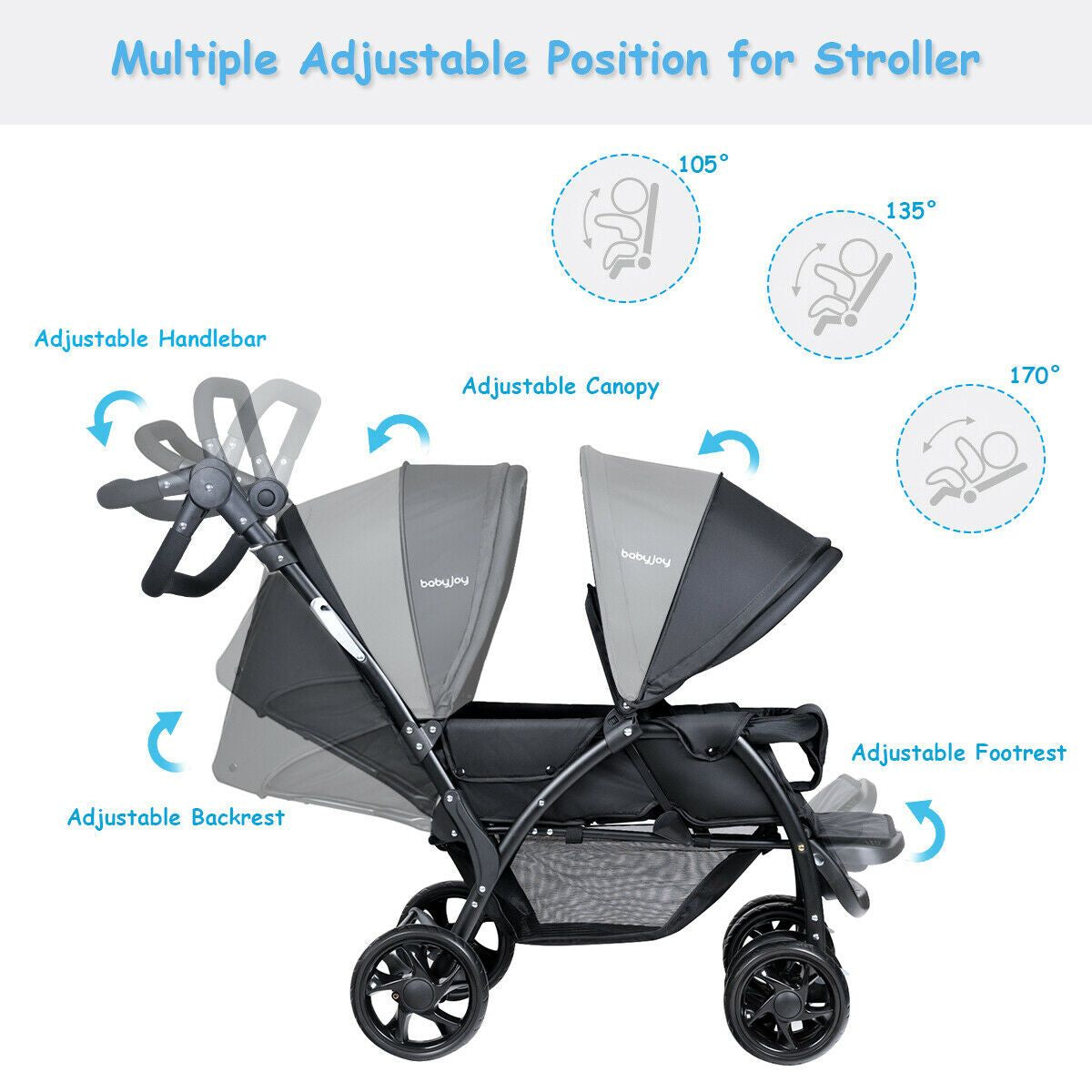 Double Pushchair with Adjustable Backrest and Sunshade