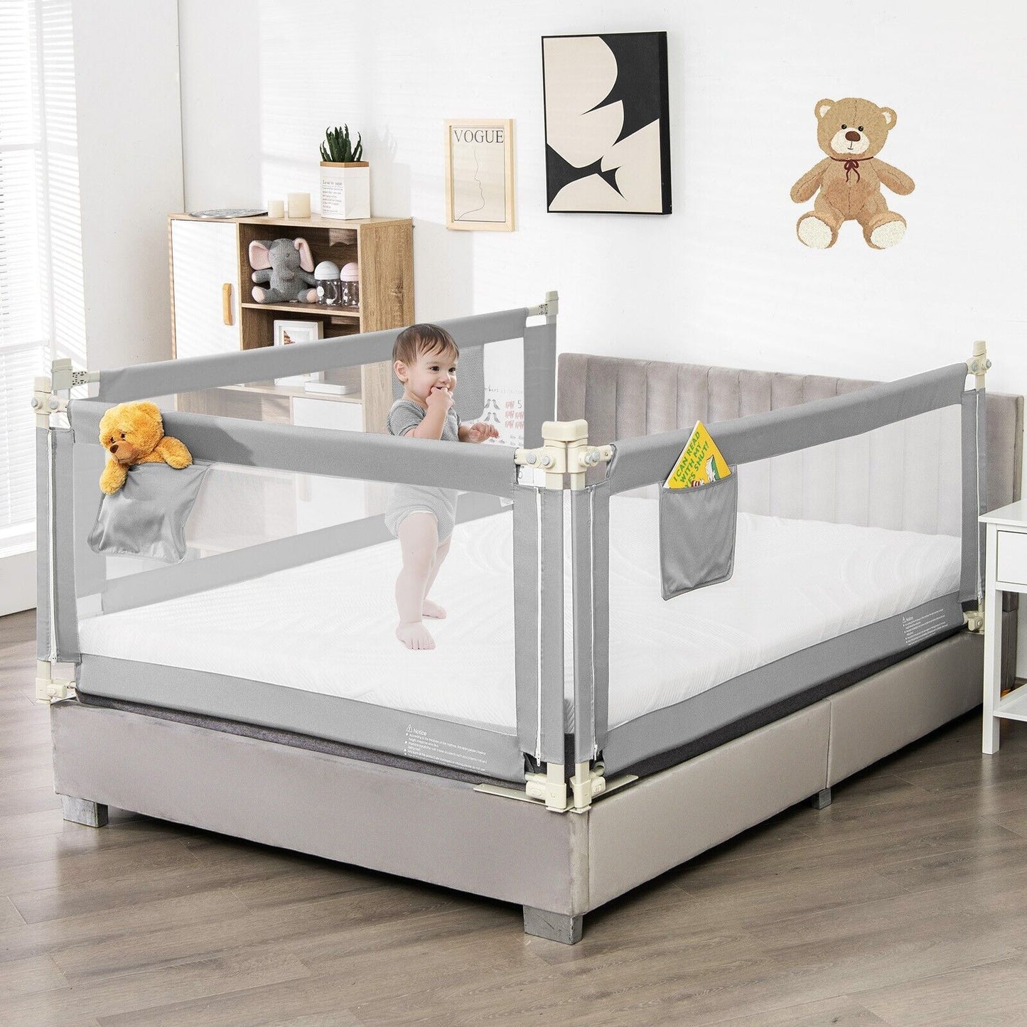 145Cm Height Adjustable Bed Rail with Storage Pocket and Safety Lock
