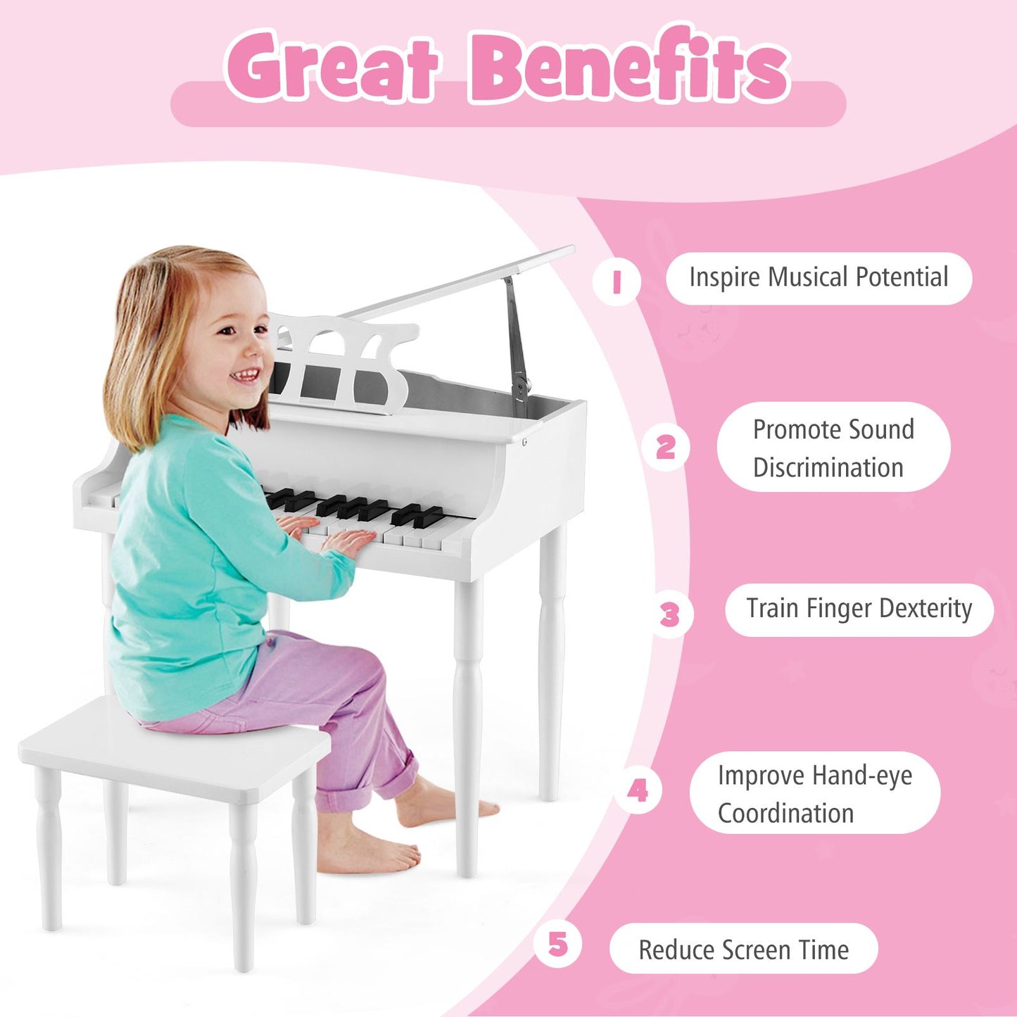 30-Key Classical Learn-To-Play Musical Instrument Toy with Music Stand and Solid Wood Legs