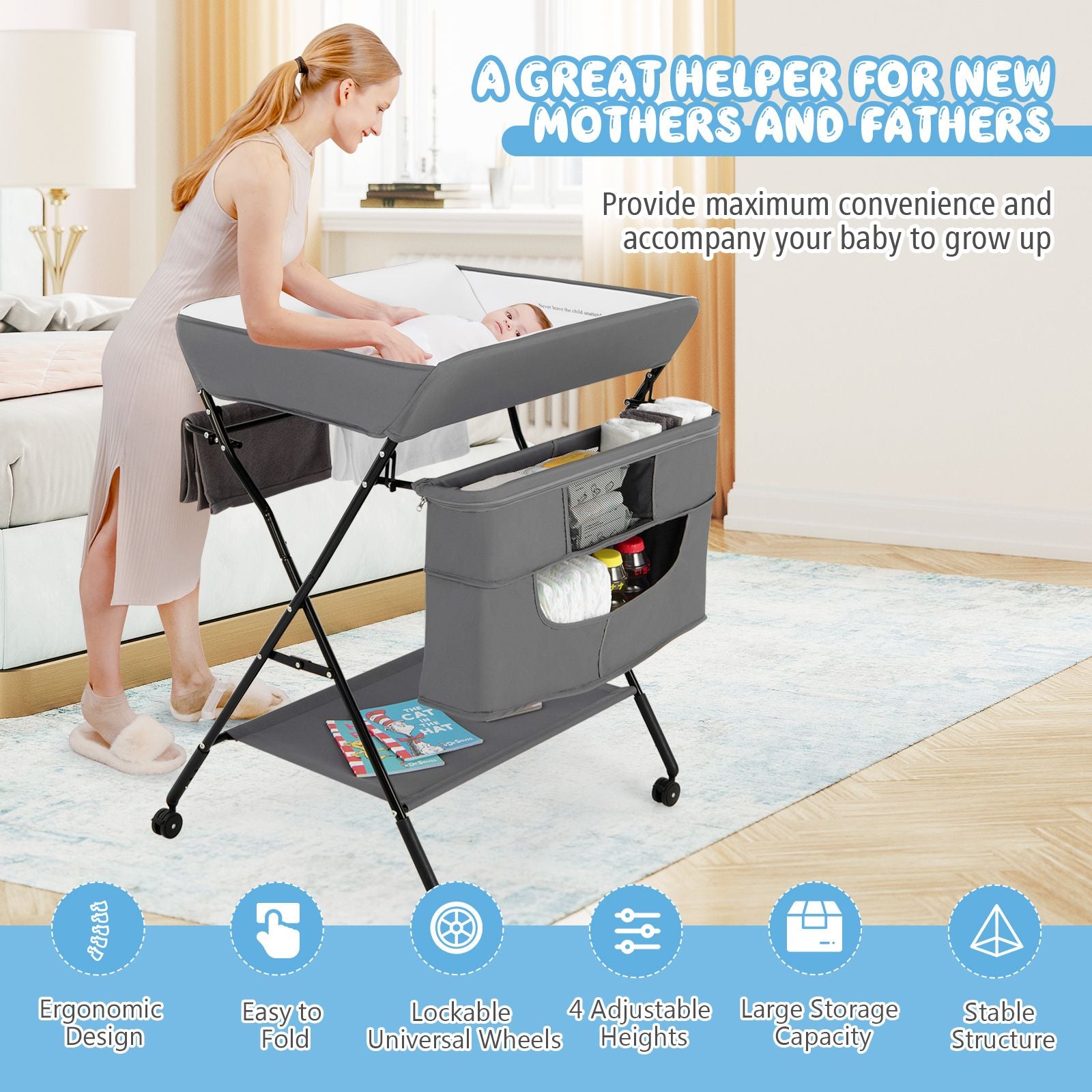 Folding Changing Table with 4-Level Adjustable Height and Wheels