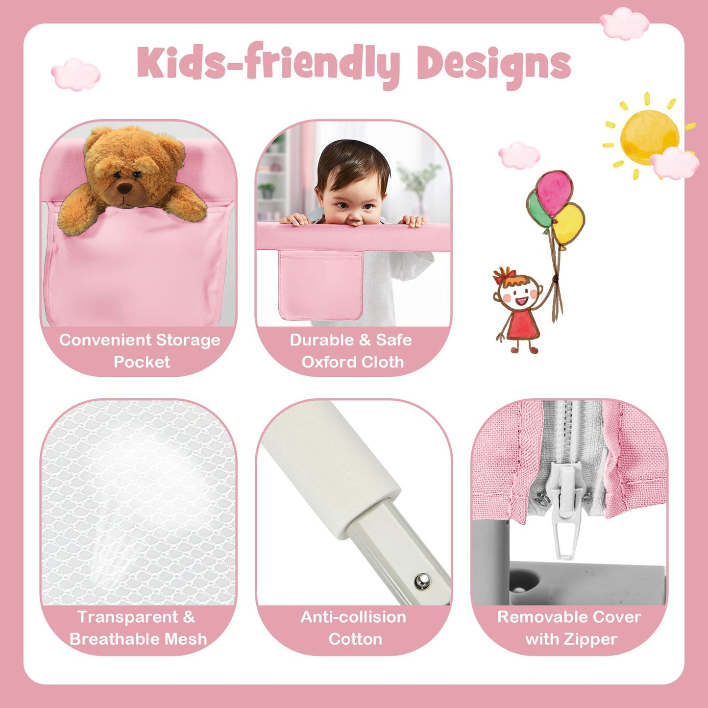 175 Cm Infant Safety Bed Guardrail with Anti-Collision Cotton and Side Pocket