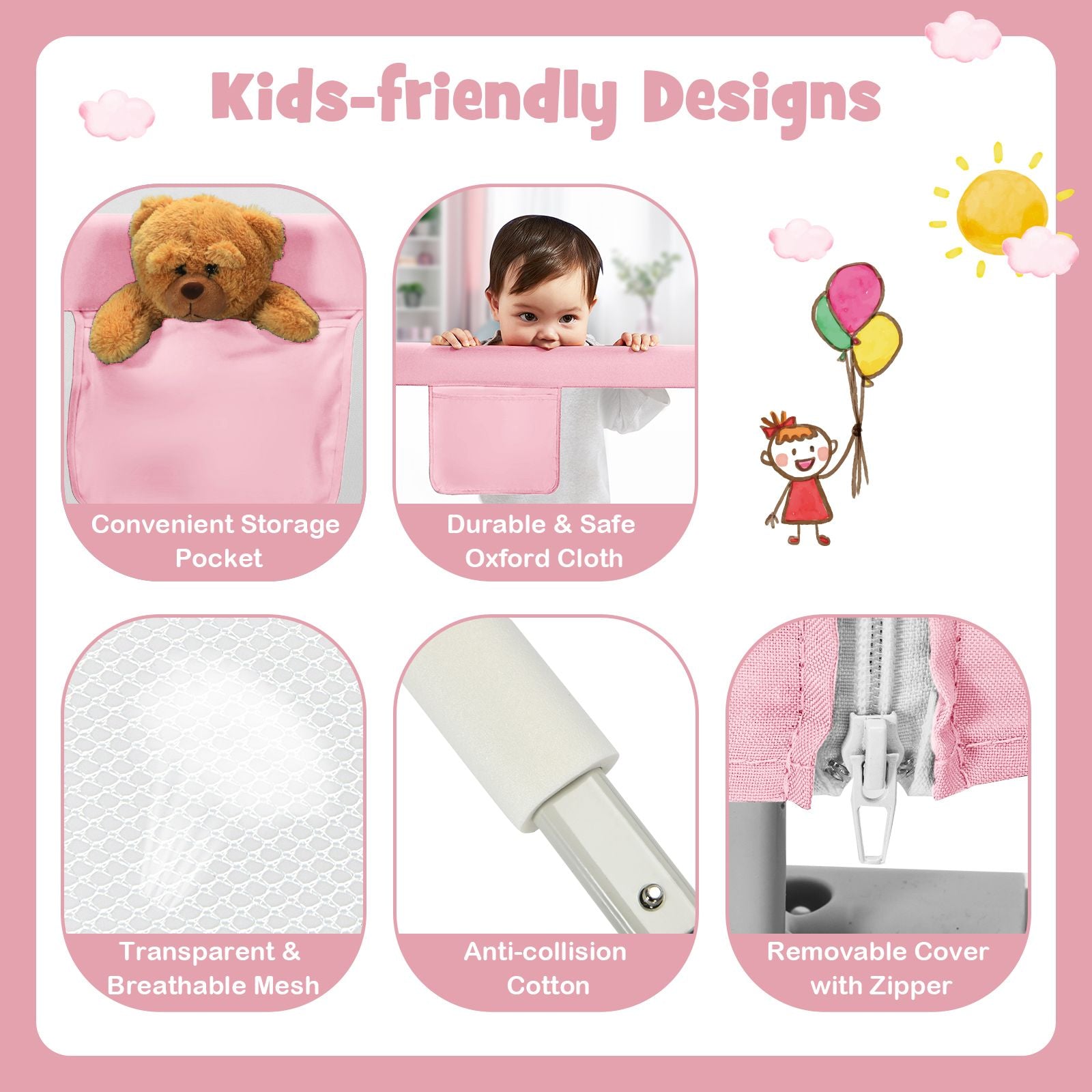 175 Cm Infant Safety Bed Guardrail with Anti-Collision Cotton and Side Pocket
